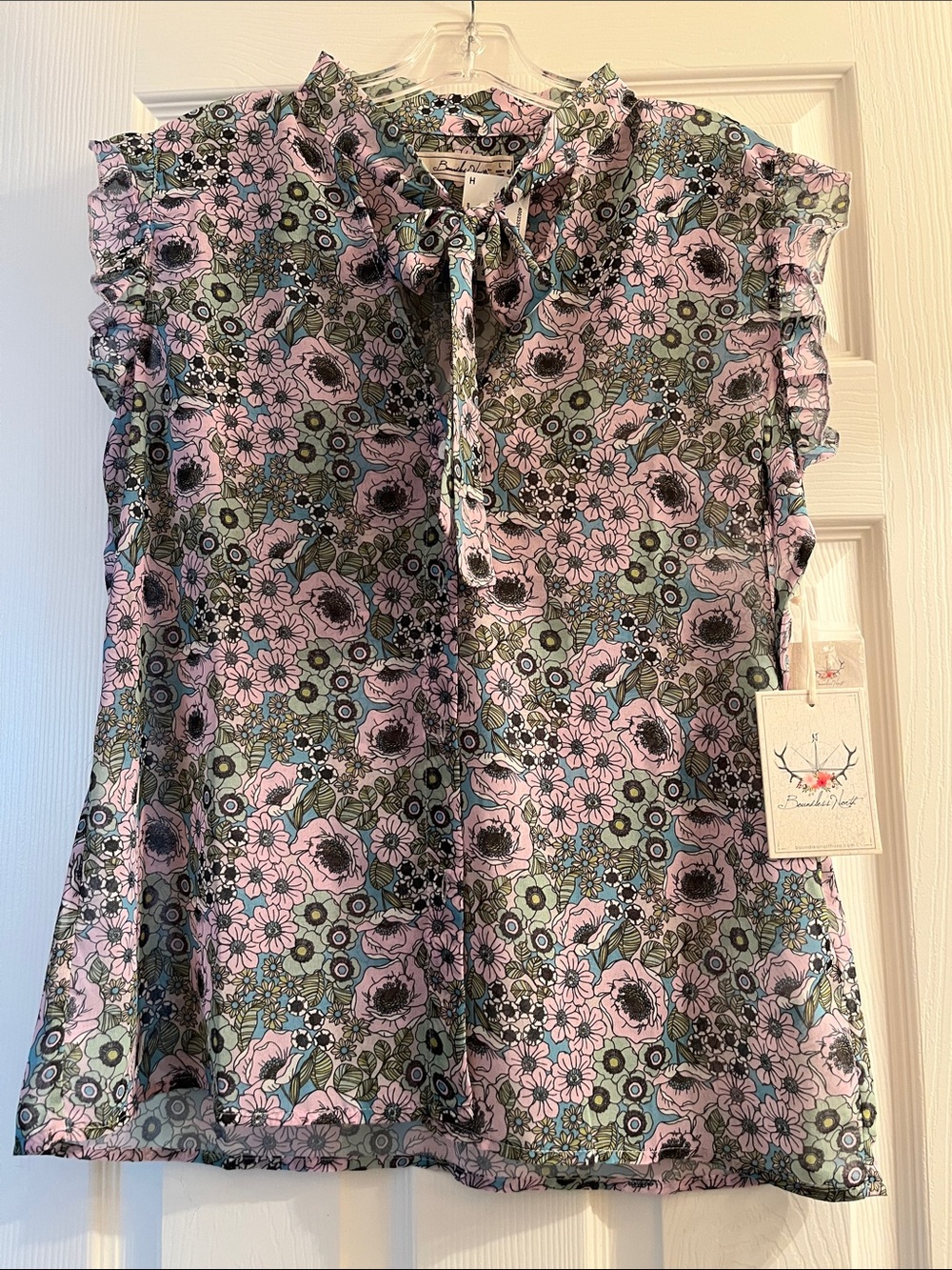 Floral Tie-Neck Blouse in Pinkish Lavender, Sky Blue and Greens - Size Large